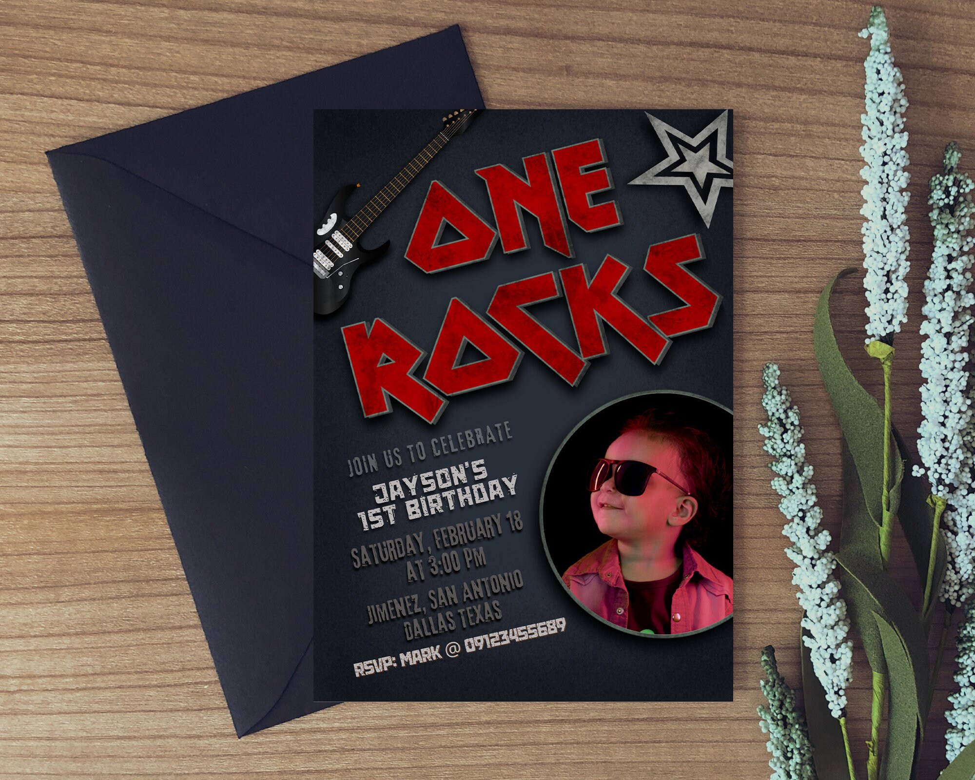 One Rocks Rock and Roll Rocked One Year 1st Birthday Digital Invitation ...