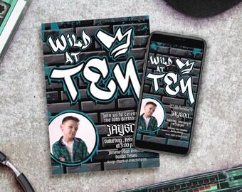 Convite digital editável para aniversário de 10 anos de menino com tema "Wild at Ten" (Selvagem aos Dez Anos) com modelo Canva para foto - Download instantâneo para celular - Imprimível