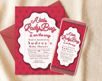 A Little LadyBug is on the way Baby Shower Digital Editable Invitation Canva Template - Instant Download - Printable