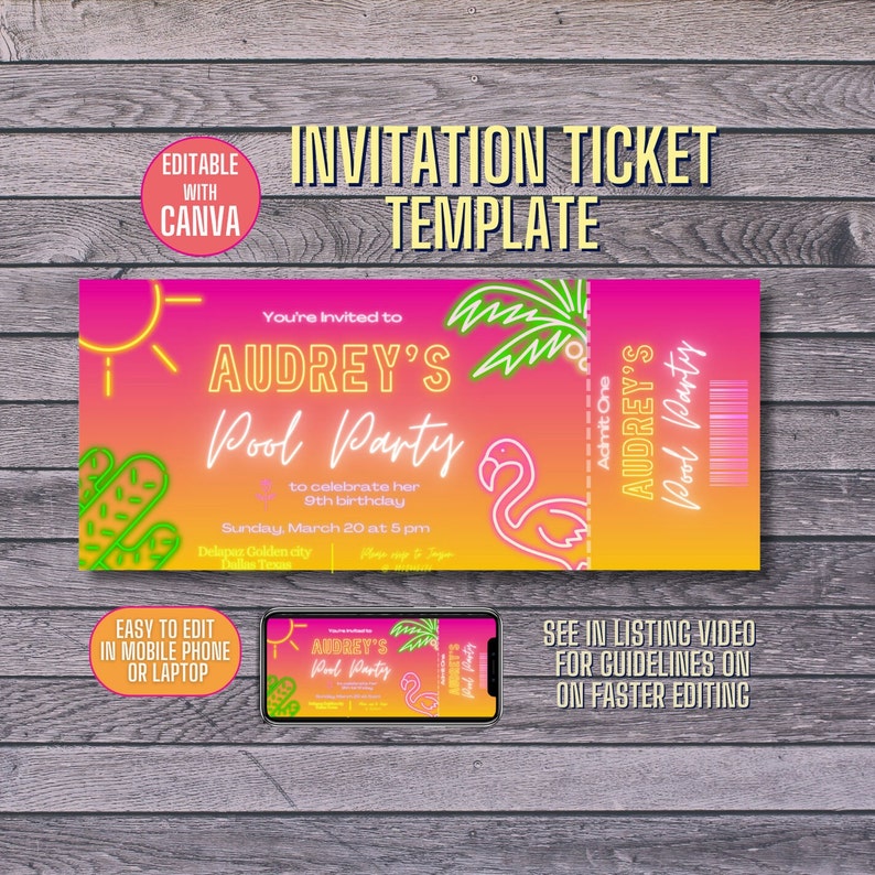 Pool Party Pink Neon Digital Ticket Editable Birthday Invitation Canva ...