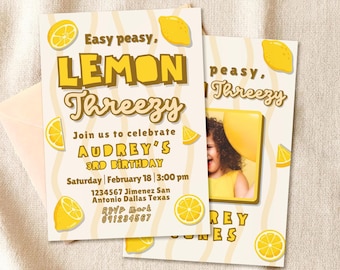 Easy Peasy Lemon Three-zy Digital Editable Invitation Canva Template with Photo - Instant Download - Printable - Girl 3rd Birthday Invite