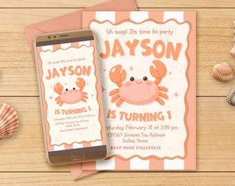 Crab Birthday Digital Editable Invitation Canva Template - Any Age - Mobile Phone Instant Download - Printable