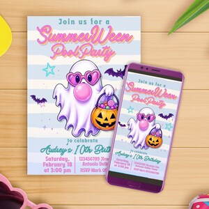 Summerween Pool Party Digital Editable Invitation Canva Template - Mobile Phone Instant Download - Kids Party Invite - Printable