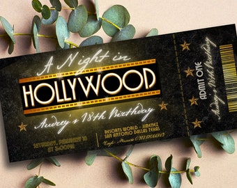 Hollywood Party Digital Ticket Editable Birthday Invitation Canva Template Download and Print Instantly
