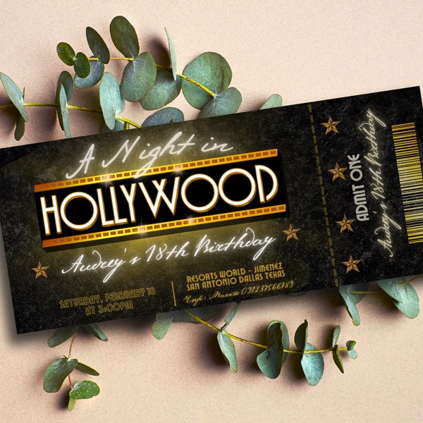 Hollywood Party Digital Ticket Bewerkbare verjaardagsuitnodiging Canva-sjabloon Download en print direct