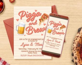 Pizza and Brews Engagement Party Digital Editable Invitation Canva Template - Mobile Phone Instant Download - Printable