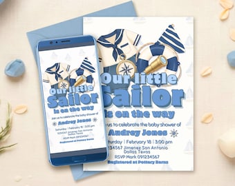 A Little Sailor is on the Way Boy Baby Shower Digital Editable Invitation Canva Template - Instant Download - Printable