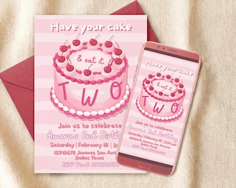 Have Your Cake and Eat it TWO Girl Birthday Digital Editable Invitation Canva Template - Instant Download - Printable