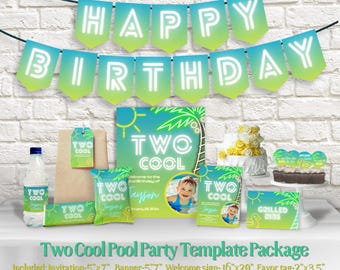 Dwa fajne neonowe szablony Canva na drugie urodziny chłopca na imprezę przy basenie, edytowalne, cyfrowe – lato – mobilne – natychmiastowe pobranie – do druku