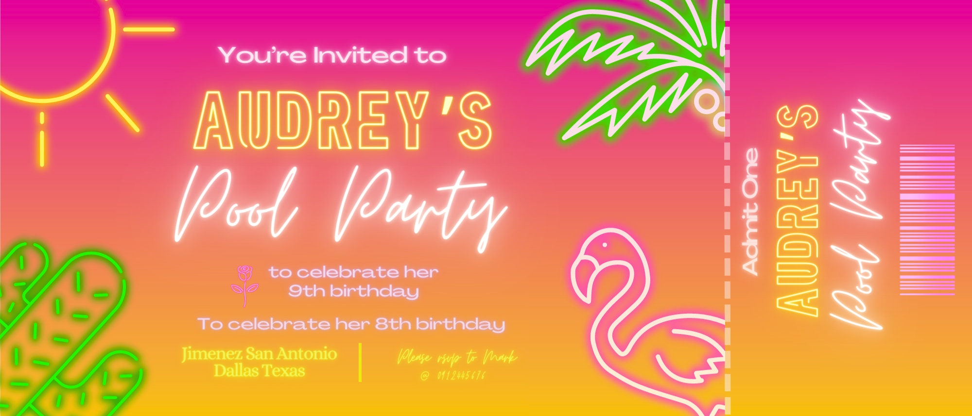 Pool Party Pink Neon Digital Ticket Editable Birthday Invitation Canva ...