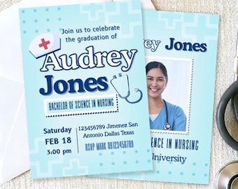 Cyfrowe zaproszenie na przyjęcie z okazji ukończenia studiów pielęgniarskich ze zdjęciem – zaproszenie dla absolwenta studiów medycznych – do druku – wykonane na zamówienie – spersonalizowane