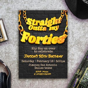 Straight Outta my Forties Digital bearbeitbare Einladung Canva Vorlage - Hip Hop Thema - Grußkarte Sofortdownload - Printable