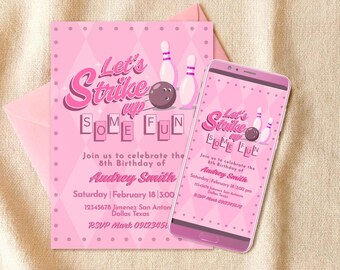 Let's Strike Up Some Fun - Retro Bowling Digital Editable Invitation Canva Template - Mobile Phone Instant Download - Printable