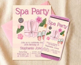 Convite digital editável para aniversário de garota spa - Modelo Canva - Download instantâneo para celular - Imprimível