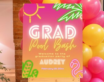 Szablon Canva z neonowym napisem powitalnym na imprezę przy basenie z okazji ukończenia szkoły – różowo-żółty – lato – natychmiastowe pobranie – do druku