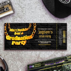 Abschlussfeier - Junge Hiphop Thema Digital bearbeitbares Ticket Einladung Porträt Canva Vorlage - Sofortiger Download - Printable