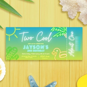Deux cool néon tropical pool party numérique modifiable billet d'invitation canva modèle - 2e anniversaire de garçon - téléchargement immédiat - imprimable