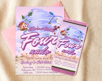 Convite digital editável para aniversário de 4 anos da Fournado Girl - Modelo Canva - Download instantâneo para celular - Imprimível