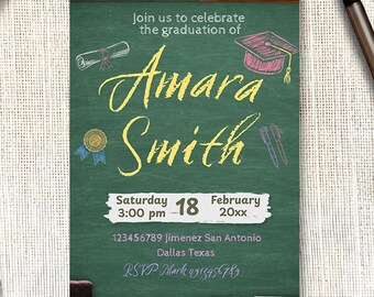 Szablon zaproszenia na przyjęcie z okazji ukończenia szkoły dla nauczycieli, edytowalny cyfrowo, Canva – do pobrania na telefon komórkowy – do druku