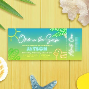 Un sous le soleil tropical néon piscine party modèle de toile d'invitation numérique de billet modifiable - 1er anniversaire de garçon - téléchargement immédiat - imprimable