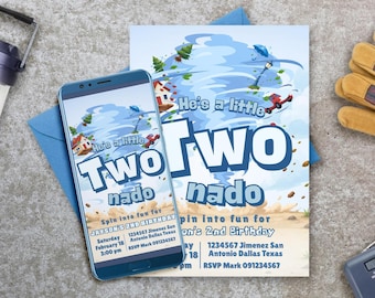 Convite digital editável para o segundo aniversário do Twonado Boy - Modelo Canva - Download instantâneo para celular - Imprimível