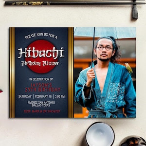 Invitación digital editable para cena de cumpleaños con tema hibachi, con foto horizontal, plantilla Canva