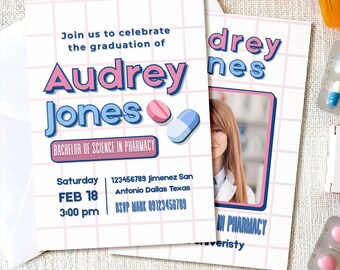 Cyfrowe zaproszenie na przyjęcie z okazji ukończenia studiów farmaceutycznych ze zdjęciem – zaproszenie dla absolwenta ze zdjęciem – natychmiastowe pobranie – wykonane na zamówienie