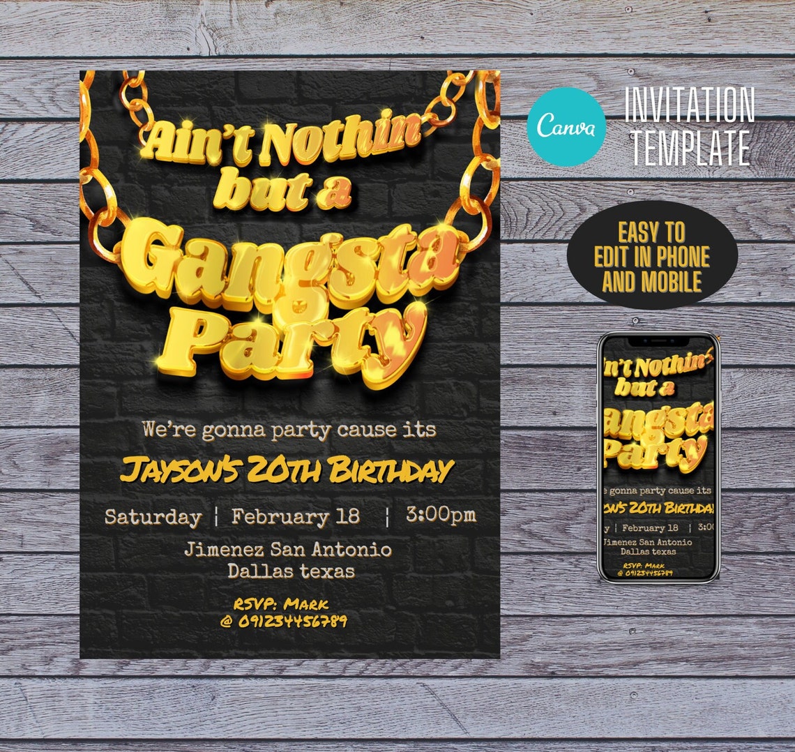Gangsta Party Hiphop Theme Invitation Canva Template Etsy