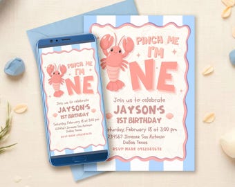 Pinch Me I'm One - Lobster - 1st Birthday Digital Editable Invitation Canva Template - Printable - Instant Download