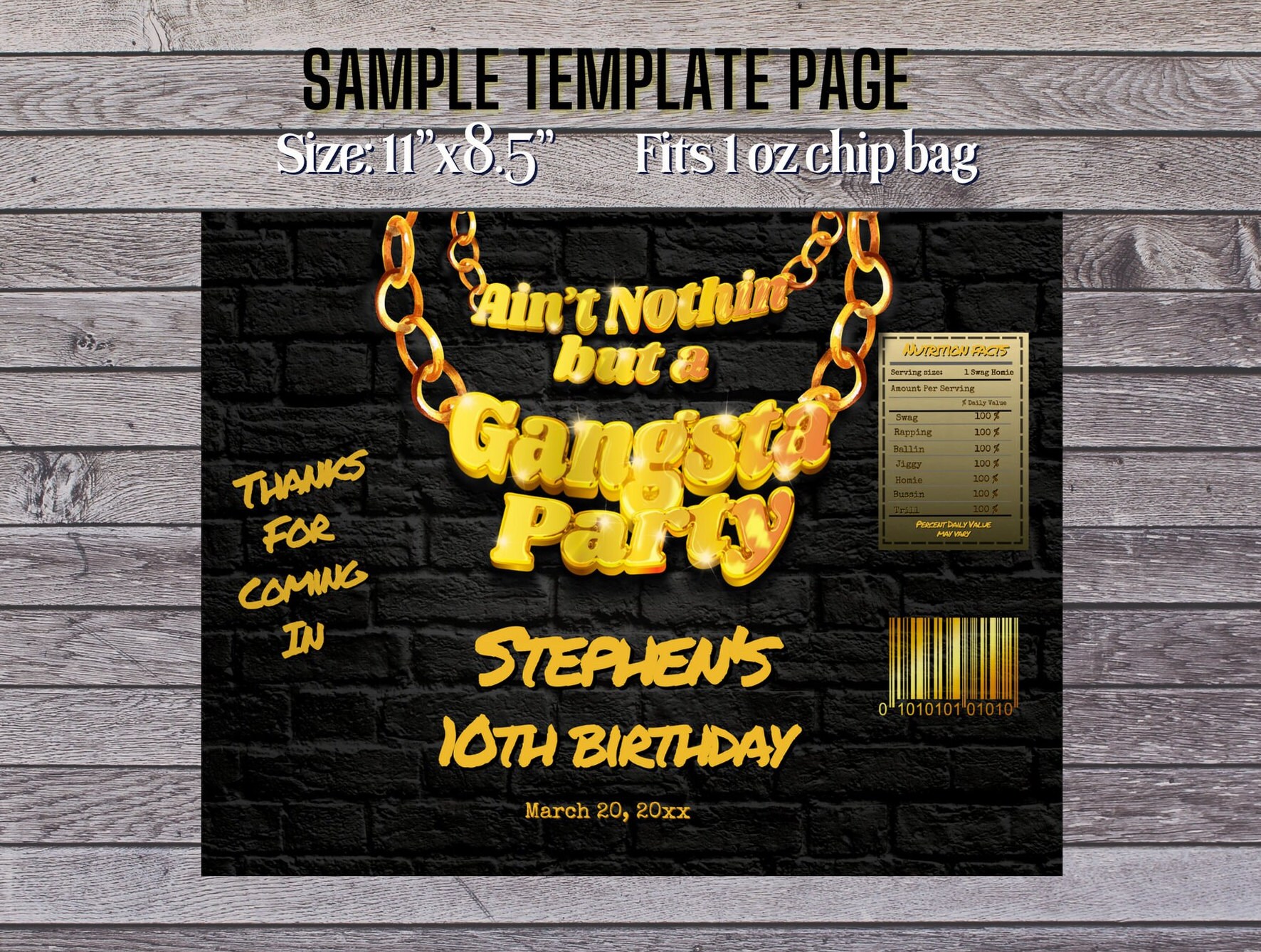 Gangsta Party - Hiphop Theme Digital Editable Chip Bag Canva Template ...