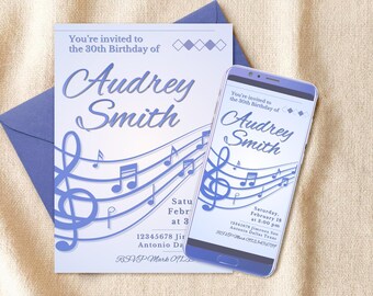 Music Notes Birthday Digital Editable Invitation Canva Template - Mobile Phone Instant Download - Printable