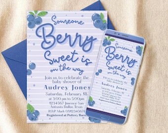 Someone Berry Sweet is on the Way - Blueberry Baby Shower Digital Editable Invitation Canva Template - Instant Download - Printable