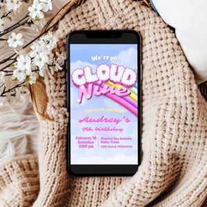 Cloud Nine - Modèle sur toile d'invitation numérique fille - Invitation de téléphone portable arc-en-ciel de couleur pastel - Téléchargement immédiat