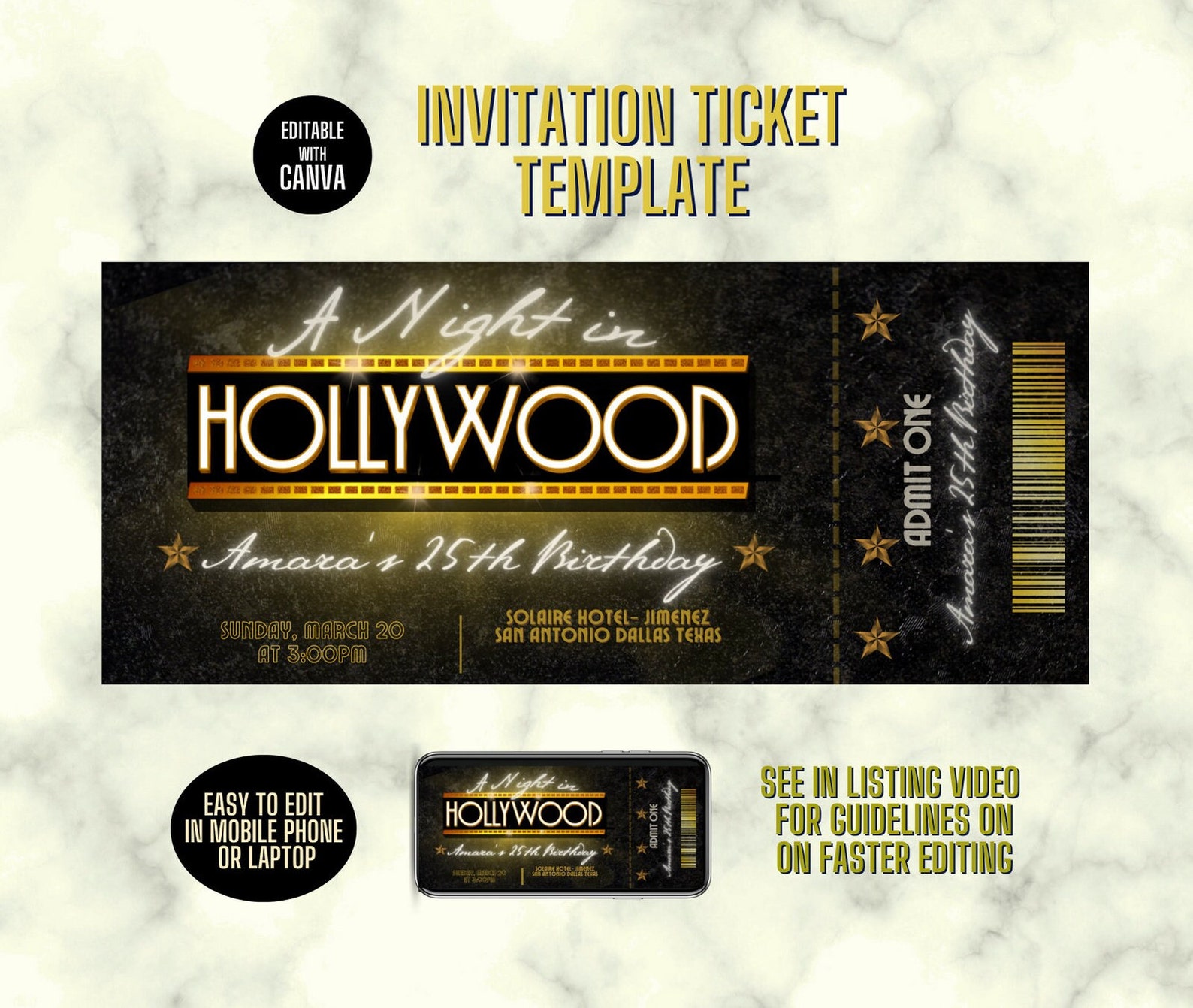 Hollywood Party Digital Ticket Editable Birthday Invitation Canva ...