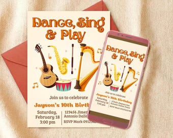 Music Instruments Birthday Digital Editable Invitation Canva Template - Mobile Phone Instant Download - Printable