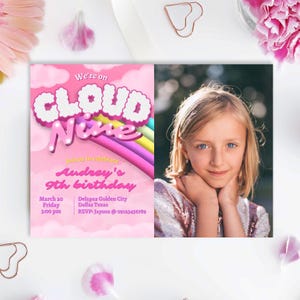 Nuage neuf avec photo - Invitation fille - 9e anniversaire - paysage - modèle de toile numérique - téléchargement immédiat pour téléphone intelligent - imprimable