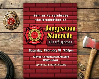 Cyfrowe zaproszenie na przyjęcie z okazji ukończenia szkoły przez strażaka – minimalistyczne zaproszenie – wykonane na zamówienie – spersonalizowane – natychmiastowe pobranie – do druku