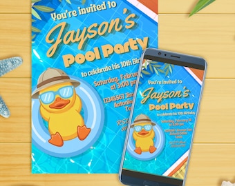 Duck Pool Party Digital Editable Invitation Canva Template - Boy Any Age Invite - Instant Download - Printable