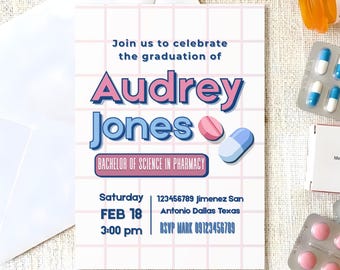 Cyfrowe zaproszenie na przyjęcie z okazji ukończenia studiów w aptece – zaproszenie dla absolwentów – do druku – do natychmiastowego pobrania – na zamówienie