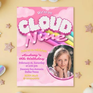 Cloud Nine with Photo - Girl Invitation - 9th birthday  Digital Canva Template