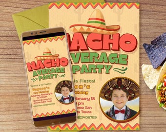 Convite digital editável para o 3º aniversário do Nacho Average Boy com modelo Canva para foto - Download instantâneo para celular - Imprimível