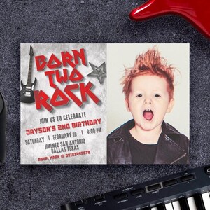 Born Two Rock - Two Rocks - Rock and Roll 2e anniversaire Invitation numérique modifiable sur toile avec photo - Carte de voeux imprimable