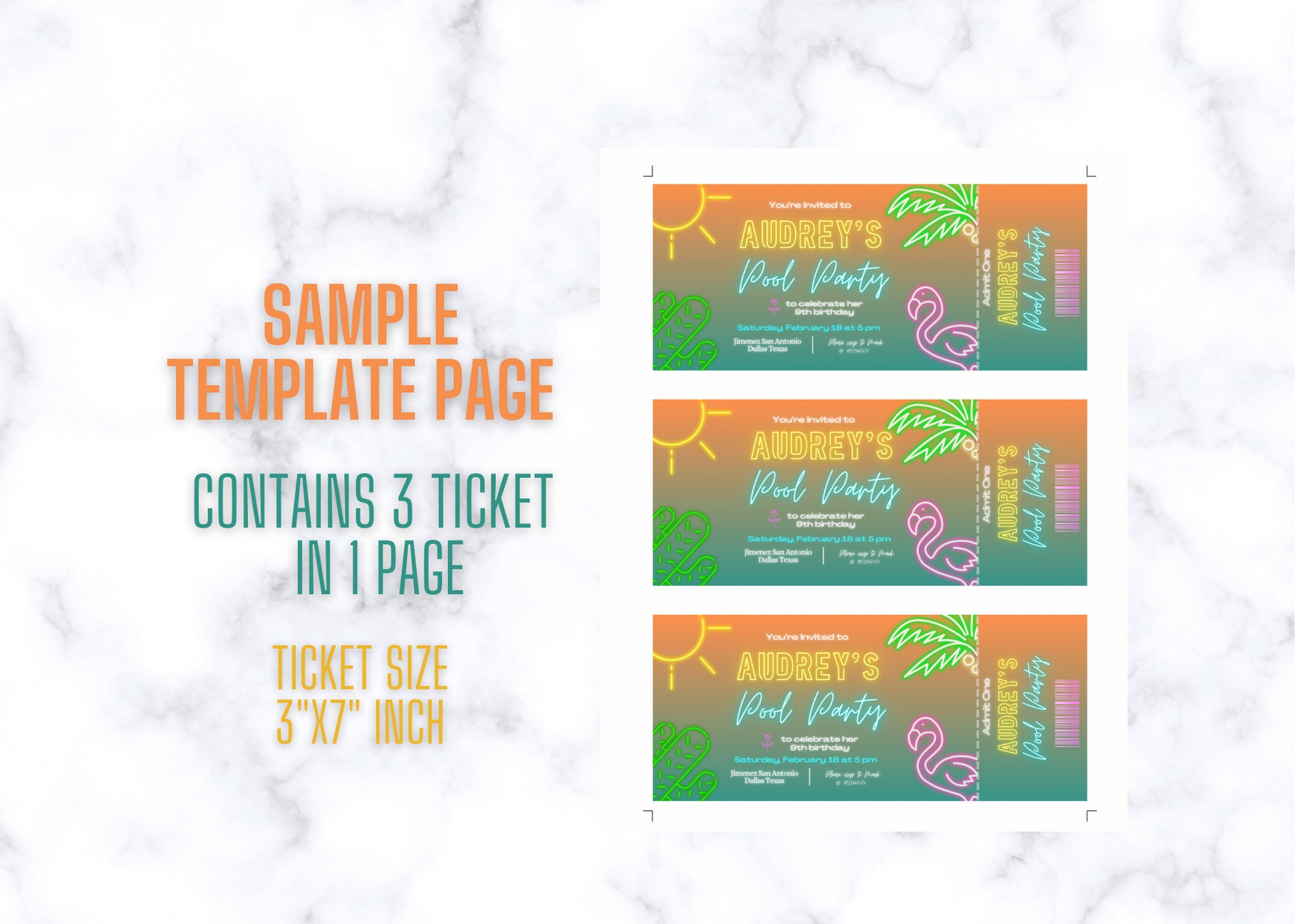 Pool Party Neon Digital Ticket Editable Birthday Invitation Canva ...