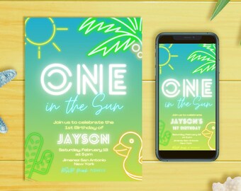Zestaw szablonów zaproszenia na imprezę przy basenie „One in the Sun” z motywem tropikalnych neonów, edytowalny na telefon komórkowy – 1. urodziny chłopca – natychmiastowe pobranie