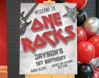 One Rocks - Rock and Roll - Rocked One year 1st birthday Welcome Sign Editable Digital Canva Template
