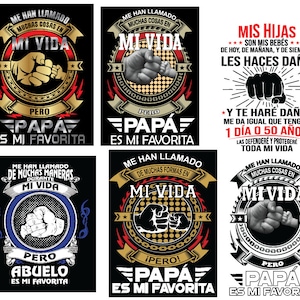 Puede incluir: Seis diseños diferentes para camisetas con un tema de padre e hijo. Cada diseño presenta un choque de puños con el texto "Me han llamado muchas cosas en mi vida, pero papá es mi favorita." Los diseños son en negro, blanco, rojo, dorado y azul.