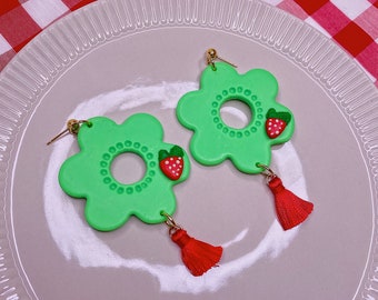 Green strawberry flower earrings