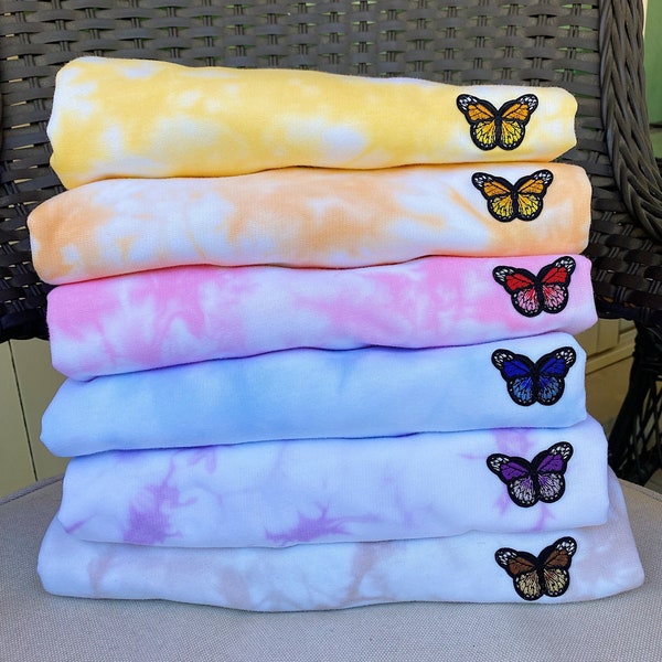 Tie dye sweatshirt, 100% cotton sweatshirts, with or without butterfly patch, butterfly embroidered sweatshirt, butterfly crewneck