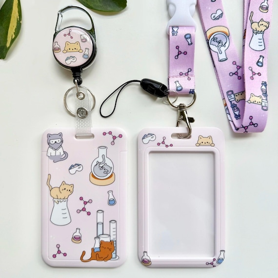 Chemistry Cats Card Holder Set | Chemistry lanyard, retractable badge reel, acess pass card holder | For chemists, chemistry teachers