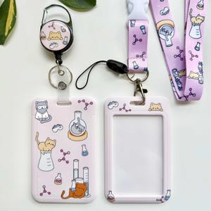 化学猫カードホルダーセット | 化学ストラップ、引き込み式バッジリール、アクセスパスカードホルダー | 化学者、化学教師向け